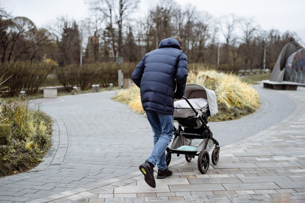 Dad pushing stroller through the park
